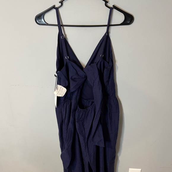 NWT Japna Deep Blue V-Neck Linen Bohemin Tie Back Jumpsuit Large Natural Fiber - Picture 5 of 6